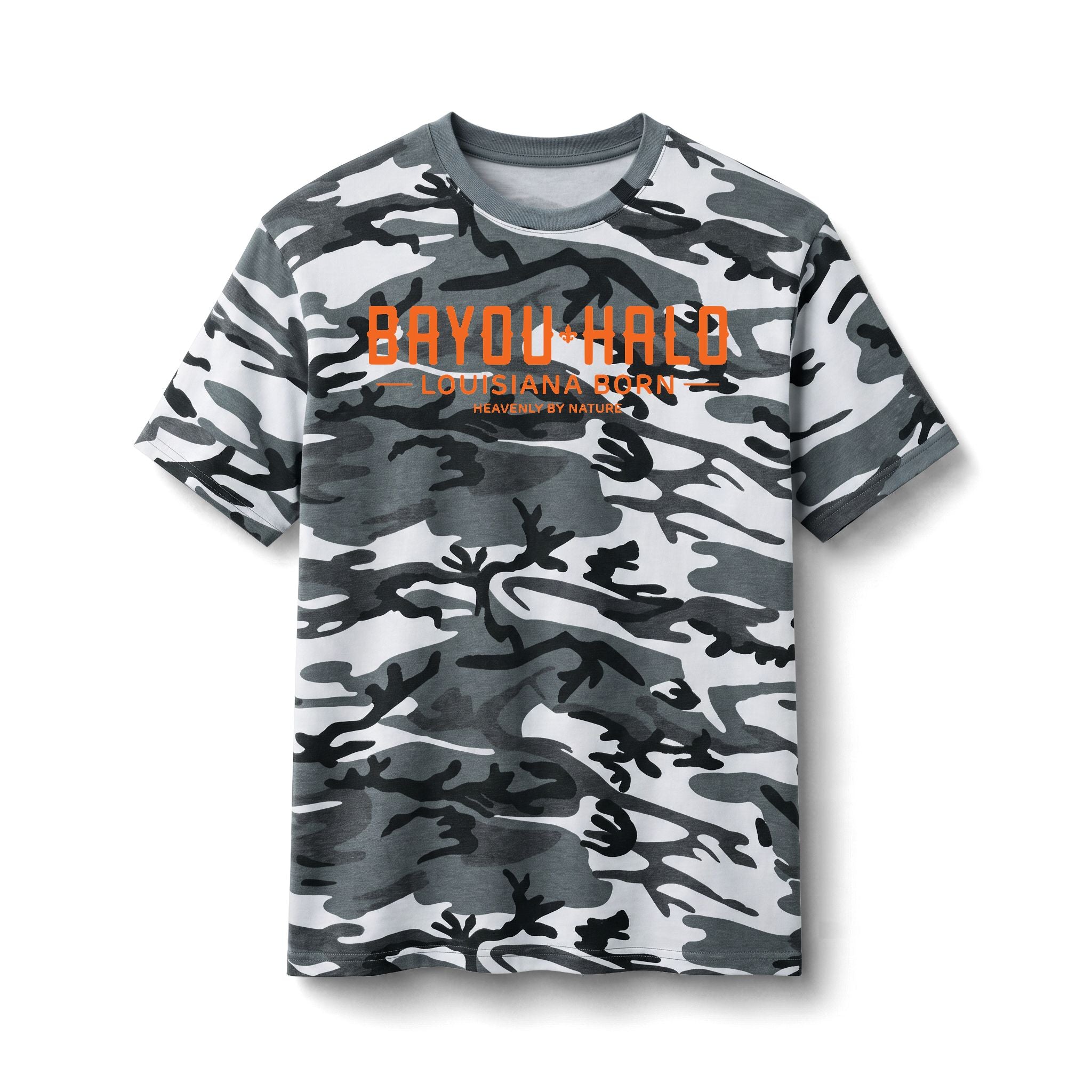 Bayou Halo Camo Tee — 'Louisiana Born' Graphic Cotton T-Shirt