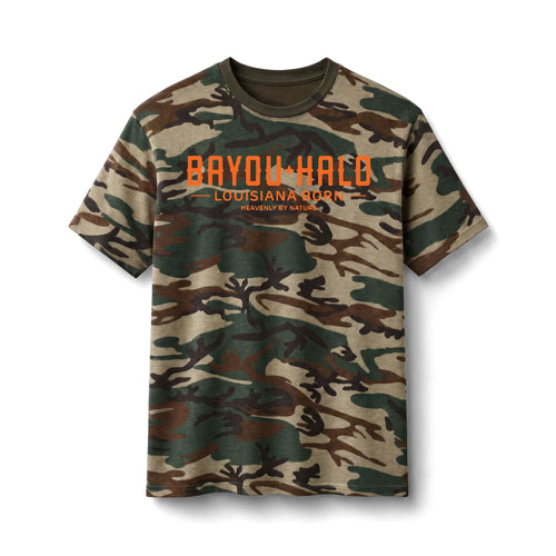 Bayou Halo Camo Tee — 'Louisiana Born' Graphic Cotton T-Shirt