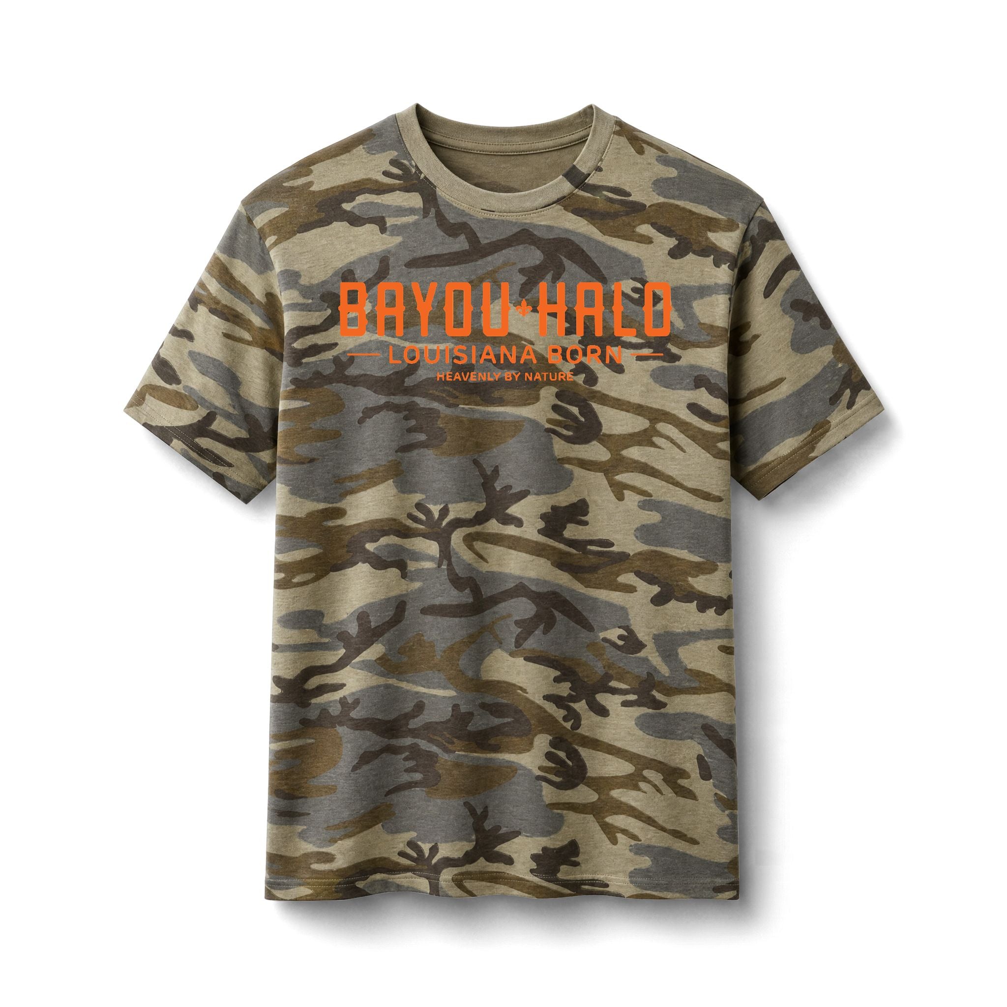 Bayou Halo Camo Tee — 'Louisiana Born' Graphic Cotton T-Shirt
